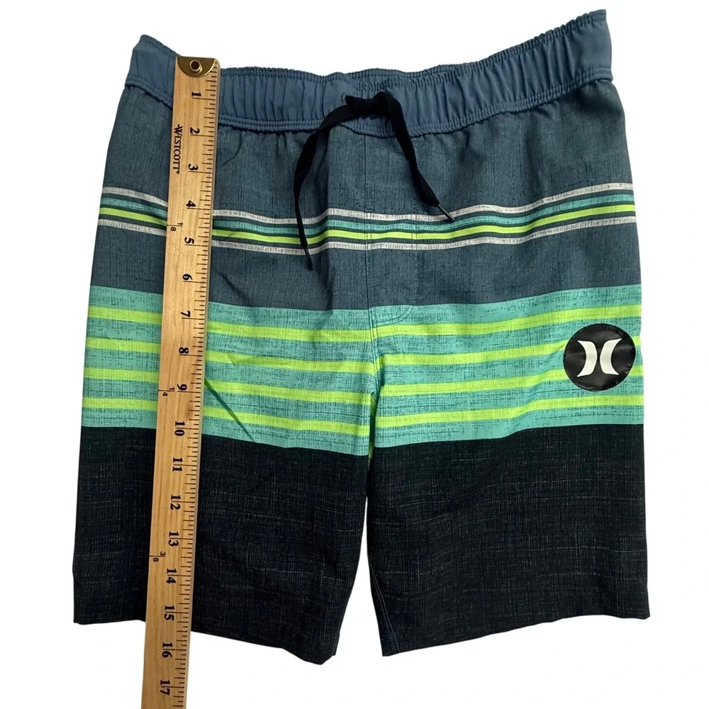 Hurley‎ Boys Blue Green Striped Board Shorts Swim Trunks Size 10/12 L 5888-B6Z